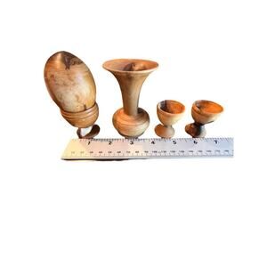 Vintage Lathe Turned Vase, Egg Cups and Egg, Olive Wood